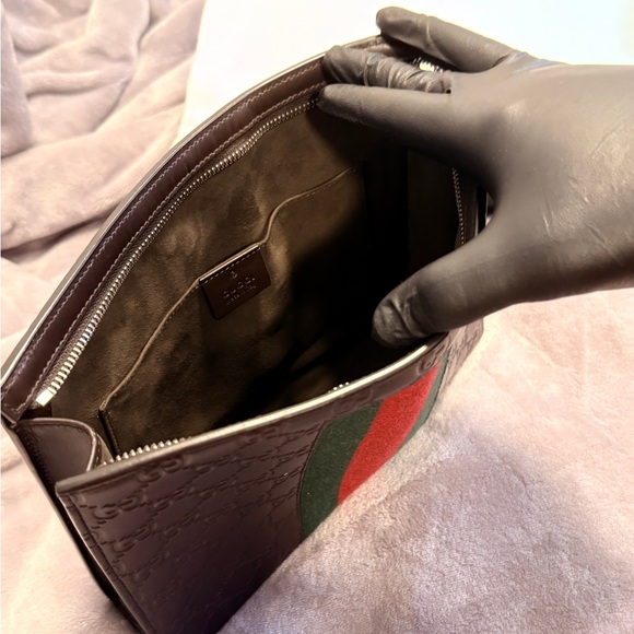 GUCCI - GG POUCH EMBOSSED LEATHER - DARK BROWN WITH RED & GREEN STRIPES - Picture 6 of 8